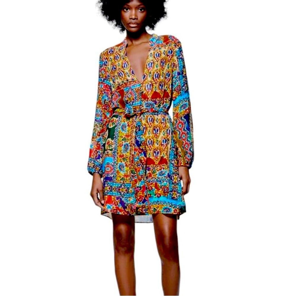 ZARA PRINT DRESS WITH BELT MULTICOLORED SIZE XS